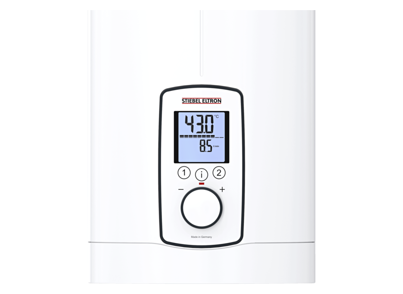 Stiebel Eltron DHE 275 high power tankless water heater for instant hot water in villas and hotels, mounted on a wall.