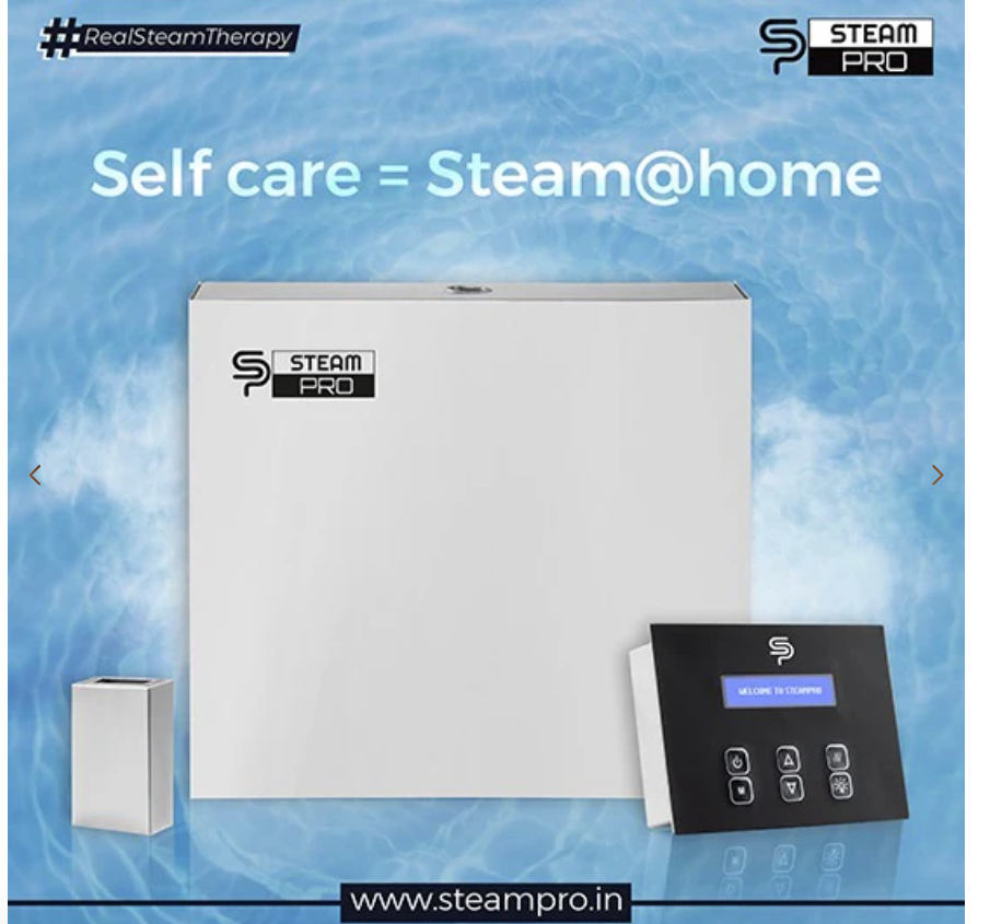 SteamPro 6kW single-phase steam generator for home and spa steam baths, suitable for 100–150 ft³ spaces in India.