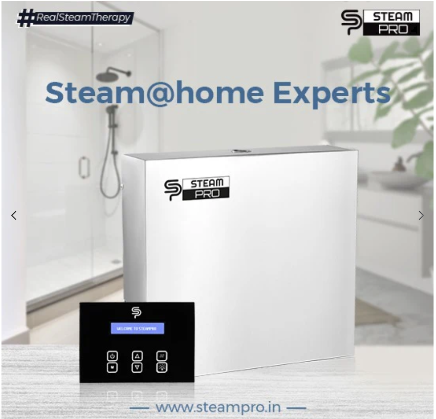 SteamPro 6kW single-phase steam bath generator for luxury home and spa steam baths, suitable for 100-150 ft³ spaces in India.