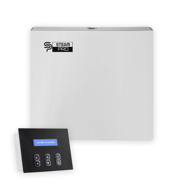 SteamPro 4kW single-phase steam generator for home bathroom steam bath system, featuring metallic body and control panel in a bathroom setting.