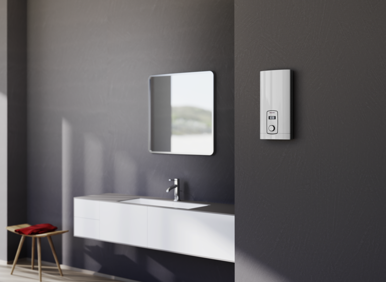 Stiebel Eltron DHB-E 11/13 LCD tankless water heater with digital display, compact instant water heater for premium bathrooms.