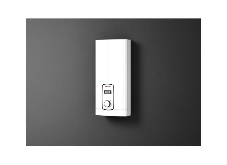 Stiebel Eltron DHB-E 11/13 LCD tankless water heater with digital display, compact instant water heating system for modern bathrooms.