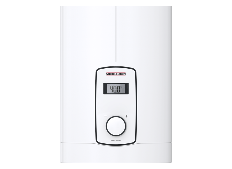 Stiebel Eltron DHB-E 11/13 LCD tankless water heater with digital display, compact instant water heating system for premium bathrooms.