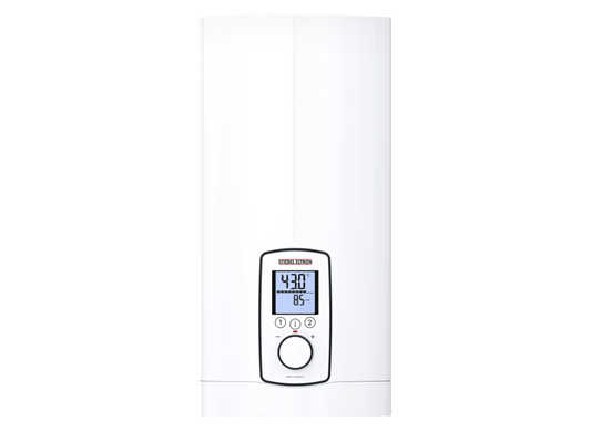 Stiebel Eltron DHE 27 tankless water heater for instant hot water in villas and hotels, mounted on a wall with control panel visible.