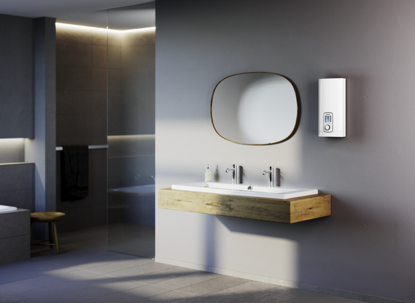 Stiebel Eltron DHE 272 tankless water heater for instant hot water in villas and hotels, compact and high power central heater.