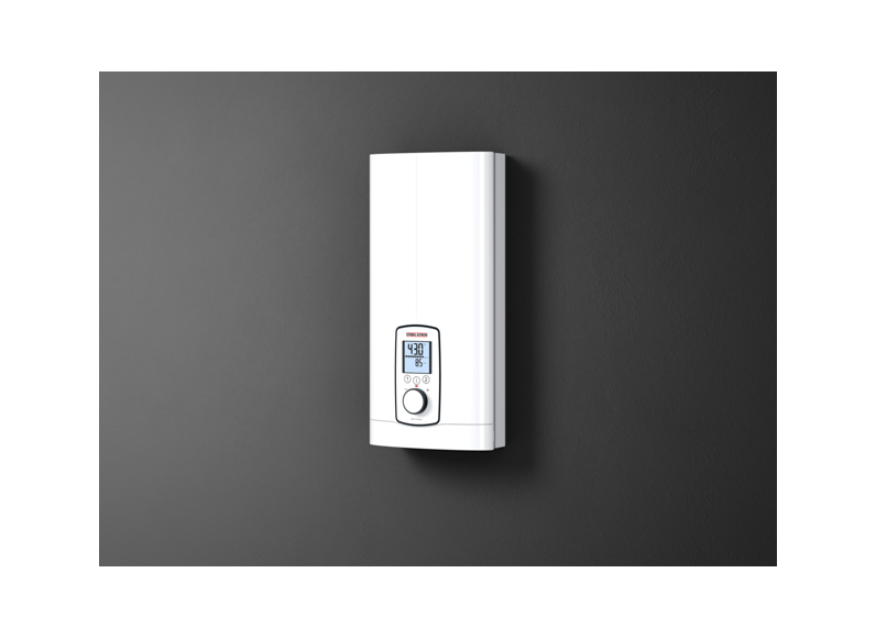 Stiebel Eltron DHE 24 tankless water heater, high power central instant heater for villas and hotels, with digital control panel.