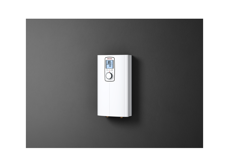 Stiebel Eltron DCE-X 6/8 premium tankless water heater with digital display, compact design, and modern home installation in India.