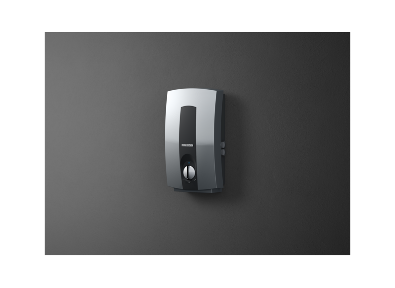 Stiebel Eltron DHC 6 EC tankless water heater with digital control panel, compact design, and eco-friendly features for bathroom use.