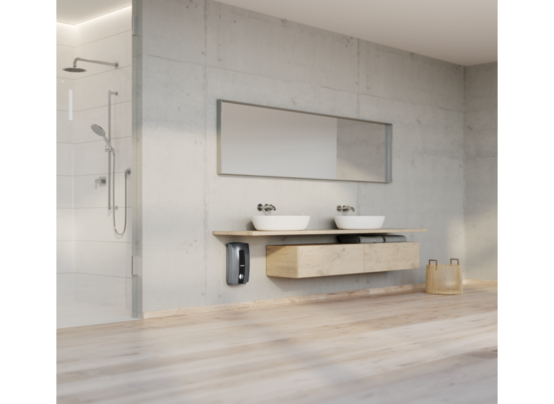 Stiebel Eltron DHC 8 EC tankless water heater with digital control panel, compact design for instant hot water in bathrooms.