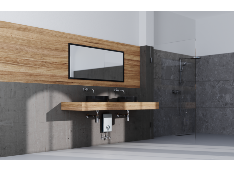 Stiebel Eltron DHC 8 XG tankless water heater, 8kW instant geyser for larger bathrooms, compact and energy-efficient design.