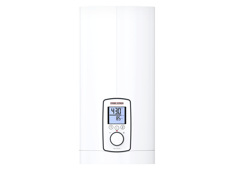 Stiebel Eltron DHE 27 tankless water heater for large villas and hotels, showing the compact, high-power central hot water system.