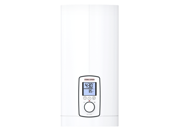 Stiebel Eltron DHE 27 tankless water heater for large villas and hotels, showing the compact, high-power central hot water system.