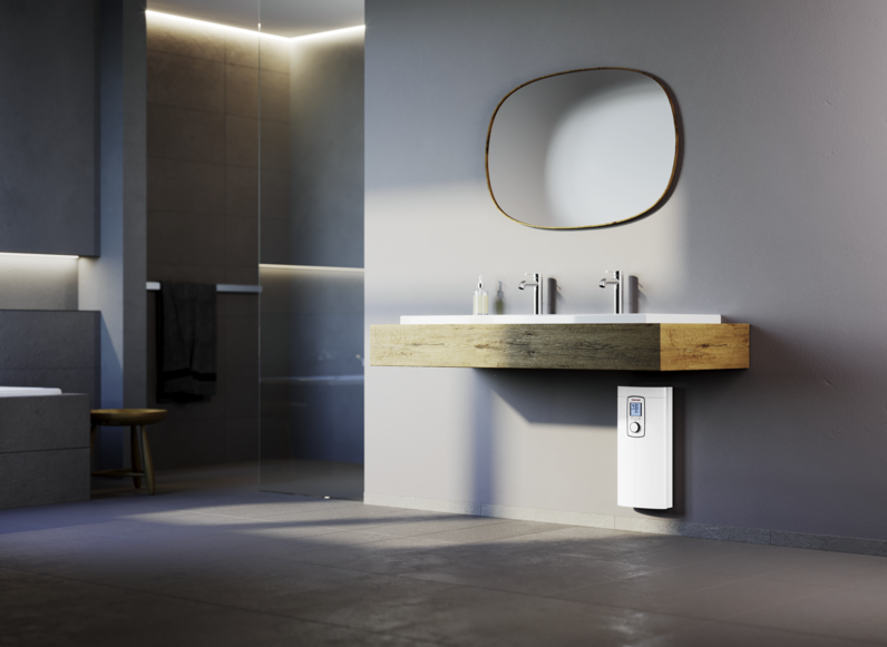 Stiebel Eltron DHE 27 tankless water heater for large villas and hotels, showcasing the compact, high-power central hot water system.